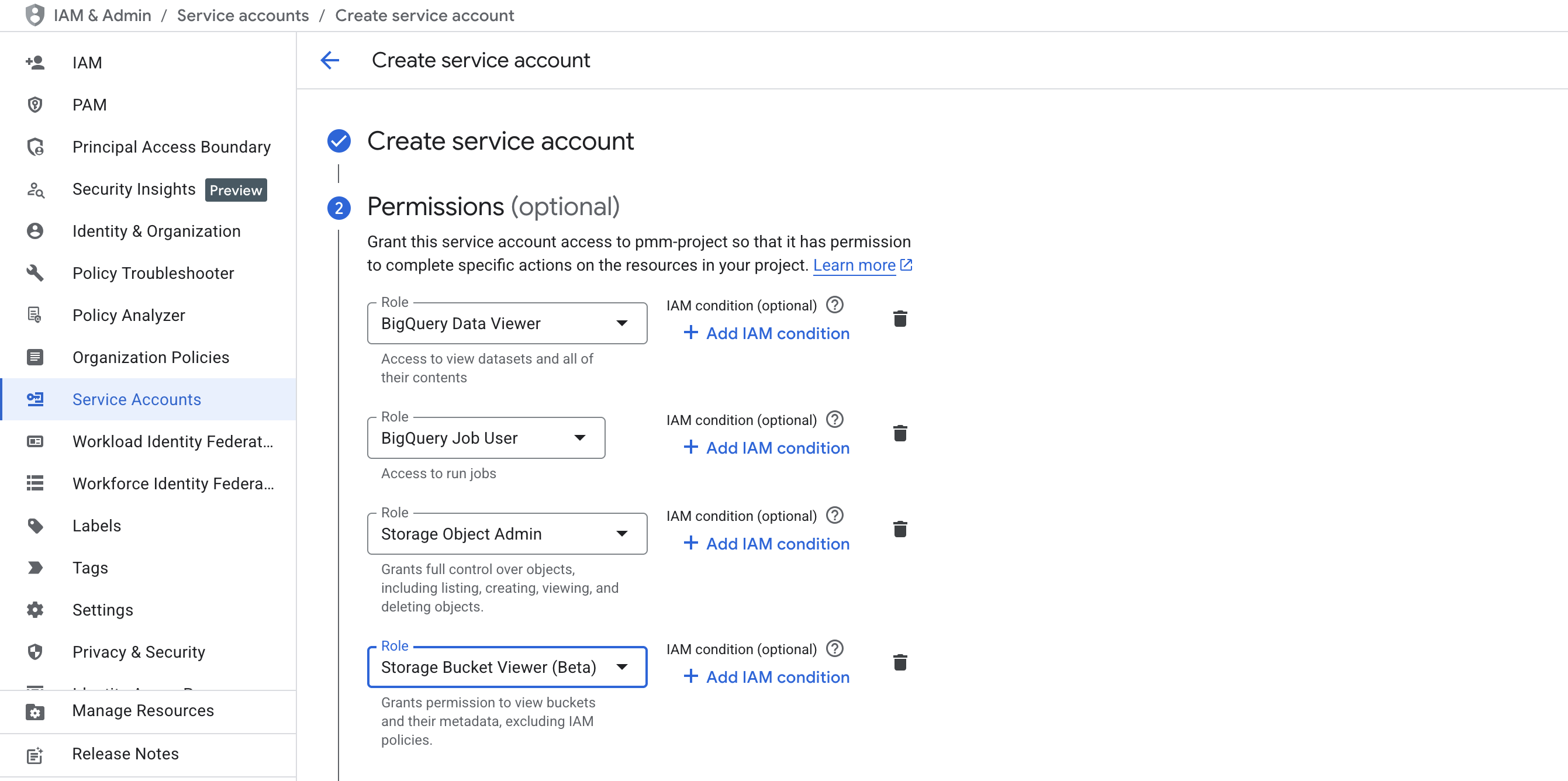 BigQuery 및 Cloud Storage 권한이 있는 �서비스 계정 키 생성