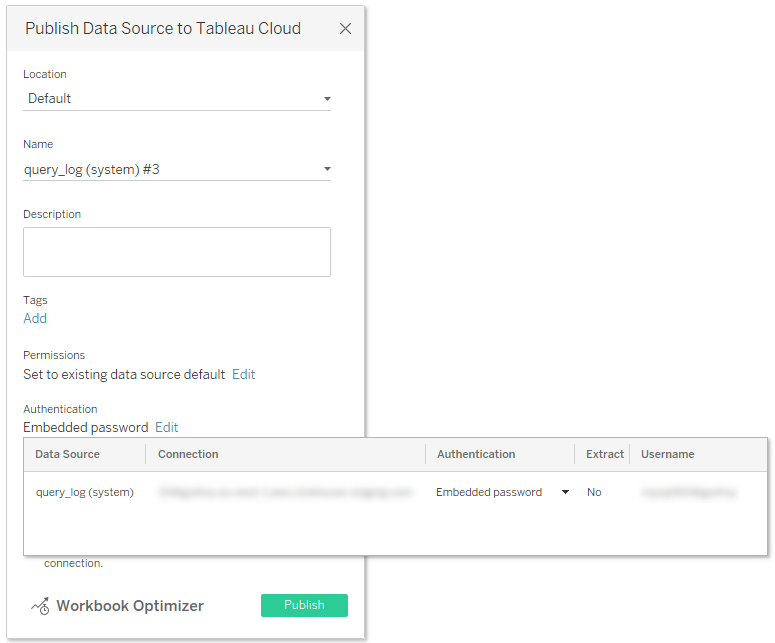 Authentication 옵션에서 Embedded password가 선택된 Tableau Desktop 게시 대화 상자